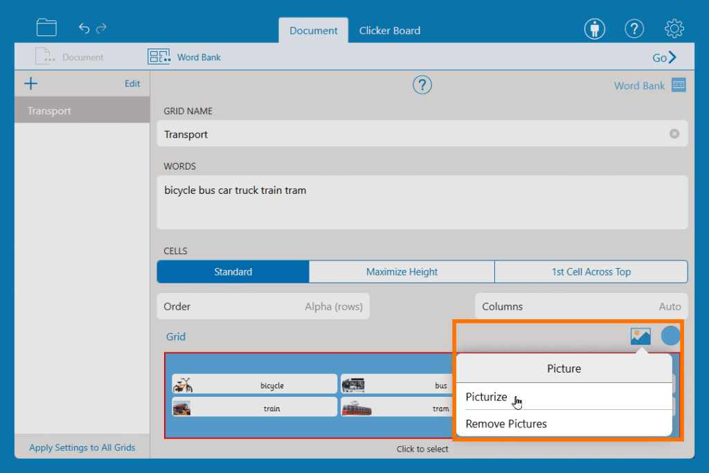 Picturize menu in a Clicker Set
