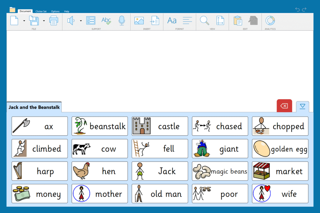 "Jack and the Beanstalk - Quick Words" Word Bank.