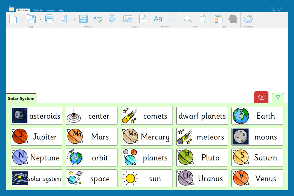 "Solar System - Quick Words" Word Bank.