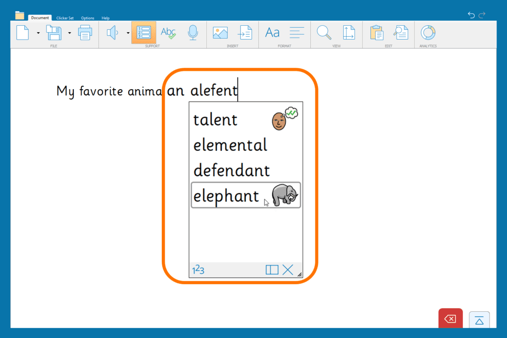 The Predictor offering a suggestion based on a 'sounds like' spelling of 'elephant'