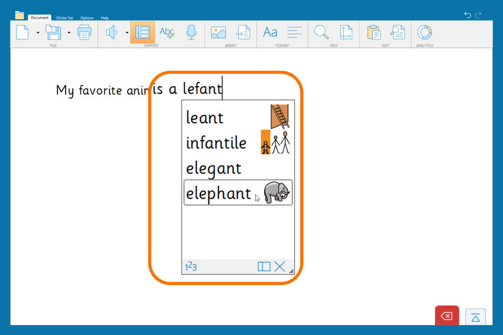 The Predictor offering a suggestion based on a phonetic spelling of 'elephant'.