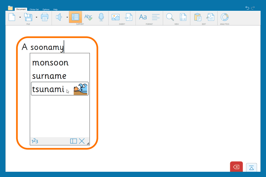 The Predictor suggesting the word 'tsunami' with the help of picture support.