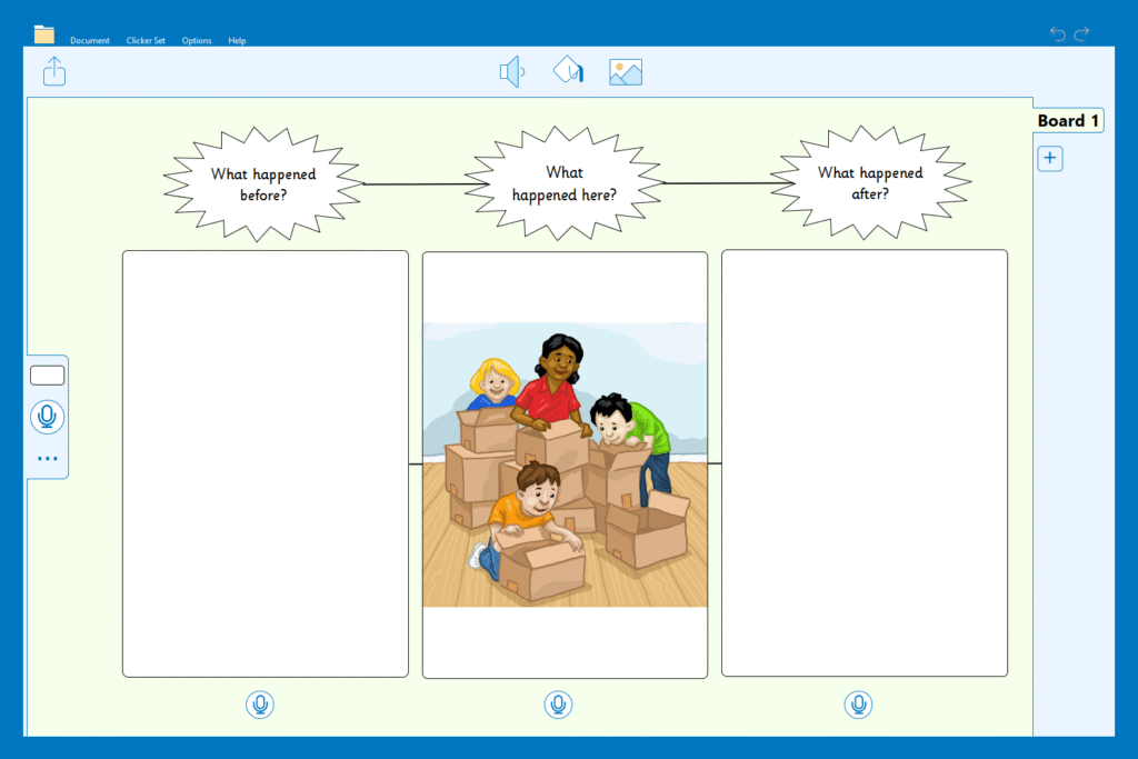 A 'Before and After' Clicker Board based on the 'Asking Questions - Mystery Boxes' Talk Set.