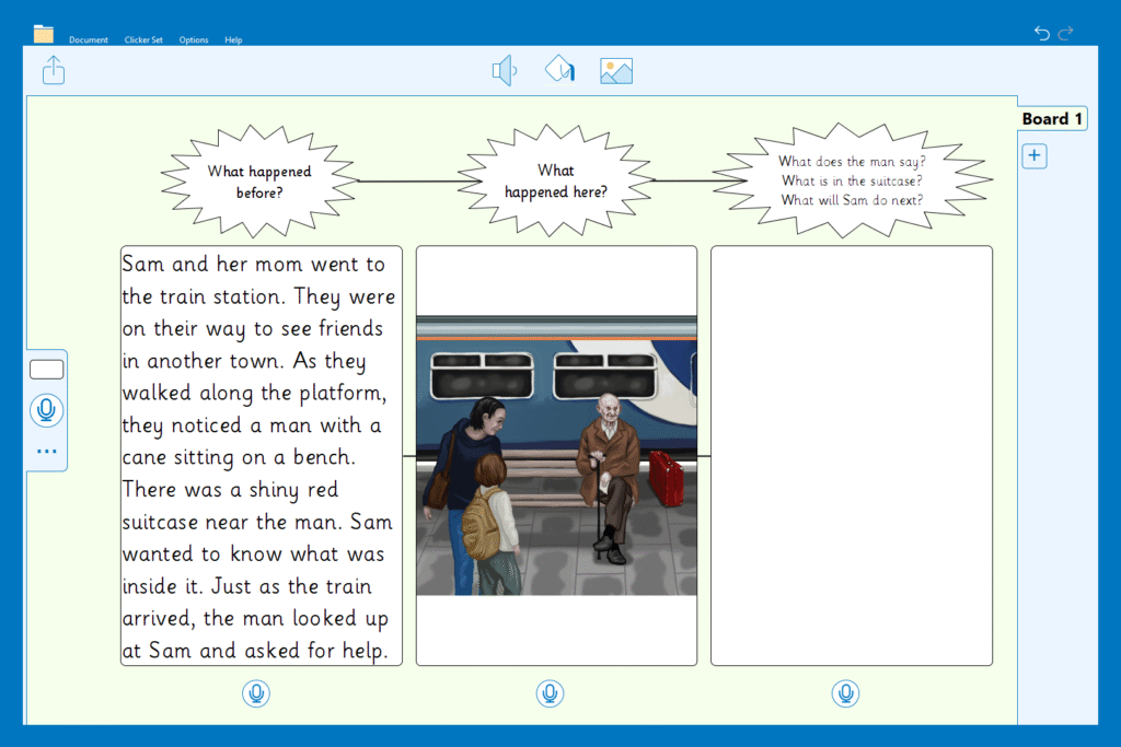 A 'Before and After' Clicker Board based on the 'Asking Questions - Train Journey' Talk Set, with the opening paragraph of a story in the 'before' cell.