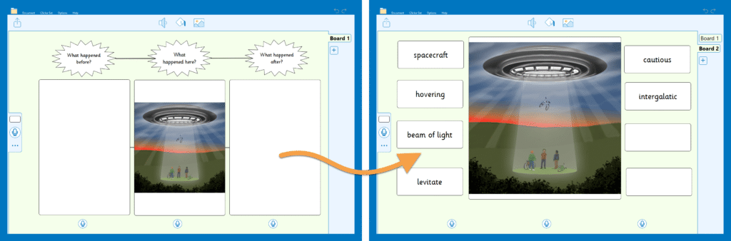 An image showing the 'Before and After' Clicker Board based on the 'Asking Questions - Space Visitors' Talk Set next to a customised Clicker Board with cells containing keywords related to the Talk Set prompt image. 