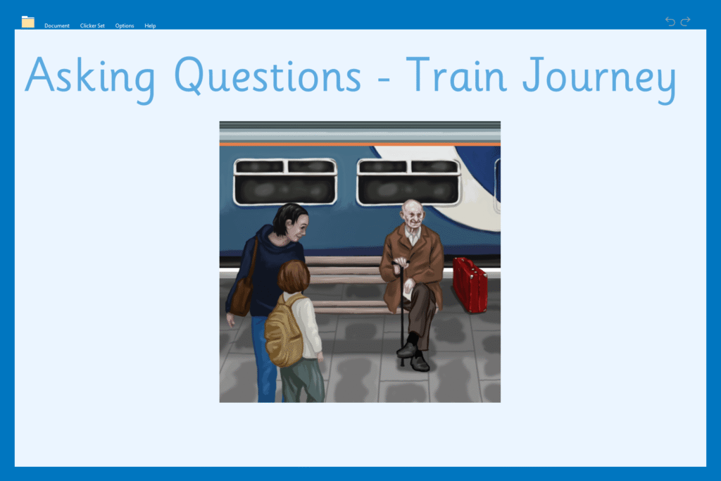 The 'Asking Questions - Train Journey' Clicker Talk Set. There is an image of an elderly man with a cane sitting on a bench on a train platform with his red suitcase. There is a train behind him and a mother and child next to him.