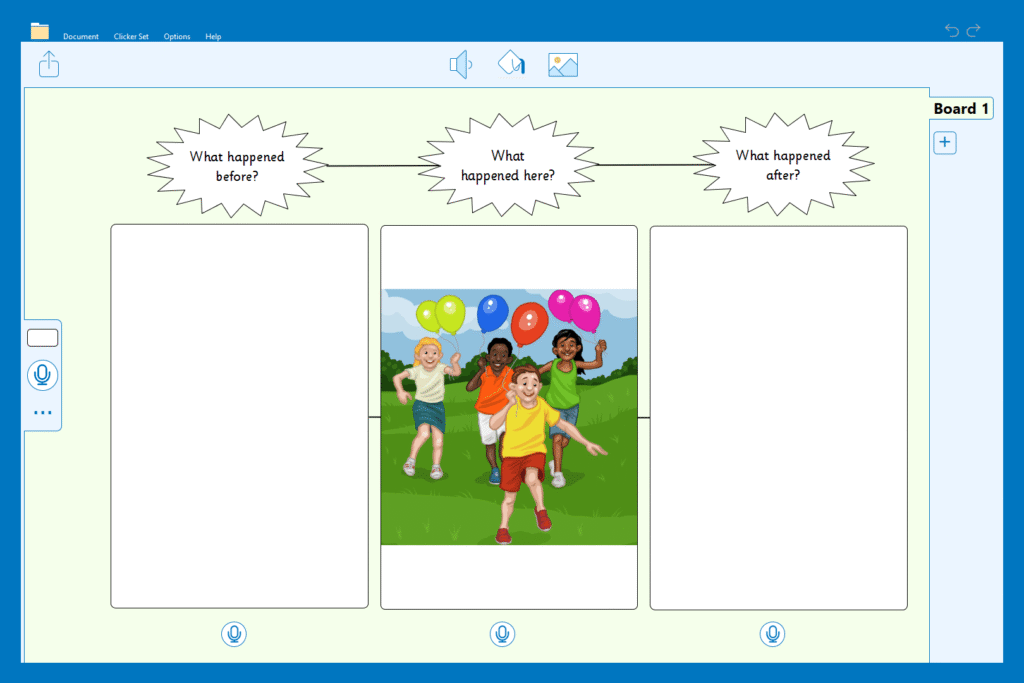A 'Before and After' Clicker Board based on the 'Asking Questions - Party Time' Talk Set.