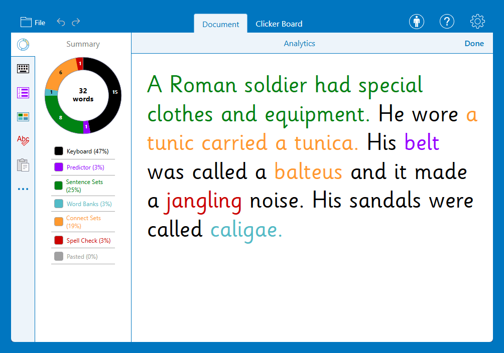 The Clicker Analytics tool giving colour-coded indications of how text was added to the Document.