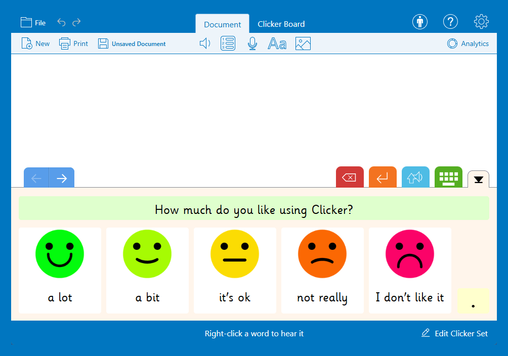 A Clicker Sentence Set with picture prompts to help learners explain how much they do or do not like using Clicker.