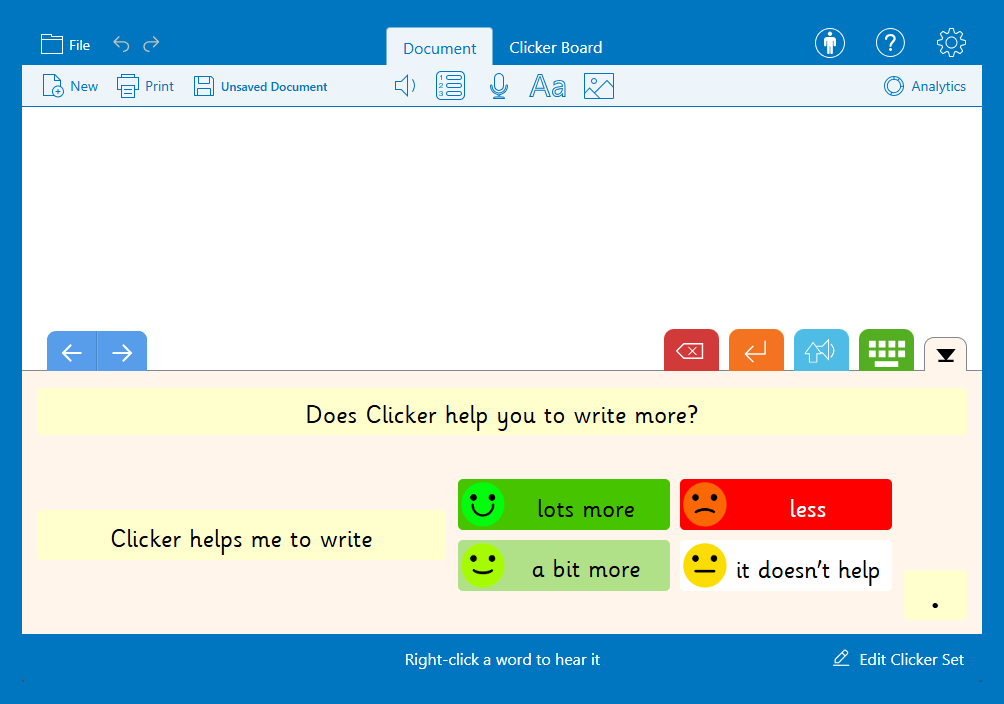 A Clicker Connect Set with picture prompts to help learners explain how much more Clicker helps them write.