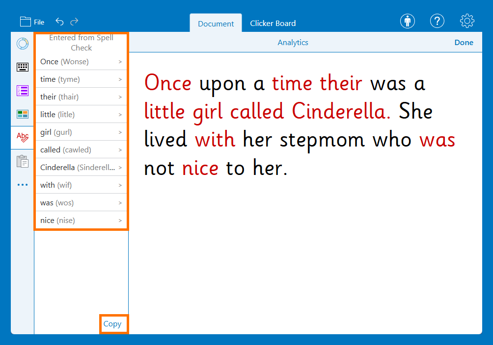 A breakdown of initial spelling attempts in Clicker Analytics.